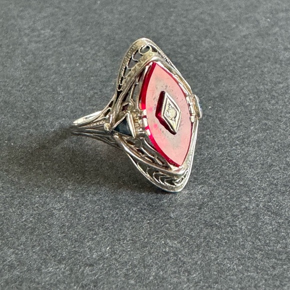 Art Deco 14K White Gold Ring Marquis Lab Ruby Filigree Setting Vintage Size 8 - Picture 2 of 10
